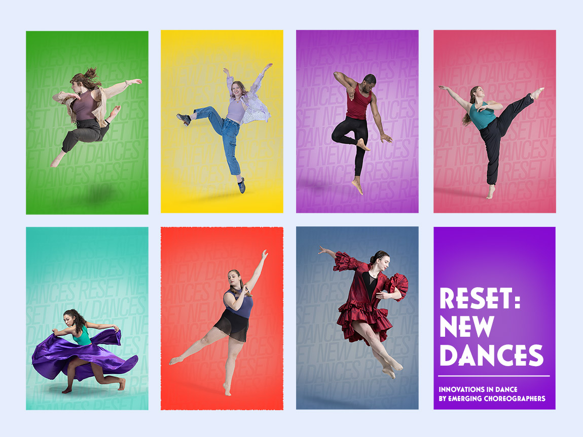 A 4x2 grid of dance photos on brightly colored backgrounds, each a different style of dance. The bottom-right box says